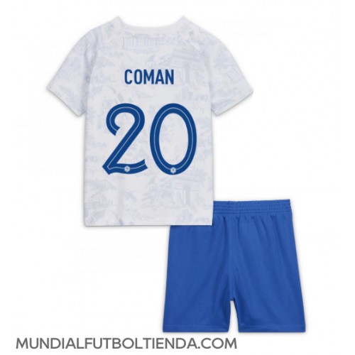 Camiseta Francia Kingsley Coman #20 Segunda Equipación Replica Mundial 2022 para niños mangas cortas (+ Pantalones cortos)